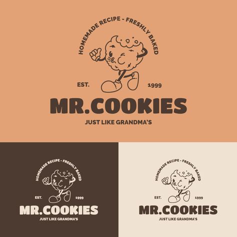 Logo retro de la cafetería Mr. Cookies Cookie Logo Ideas, Cookie Business Logo Ideas, Cookie Business Branding, Cookies Logo Ideas Brand Identity, Cookie Store Design, Cookie Company Logo, Retro Logo Ideas, Cookie Shop Branding, Cookie Brand Logo