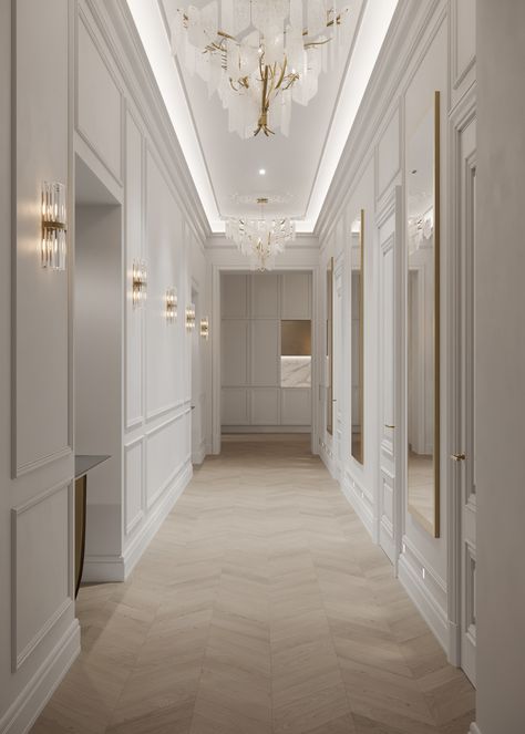 - CGI NEW CLASSIC APARTMENT IN St. Petersburg - on Behance Neo Classic Corridor, New Classic Apartment, Luxury Apartment Living Room, Modern Classic Living Room, Classic Apartment, White Apartment, Classical Interior, Neoclassical Interior, House Floor Design