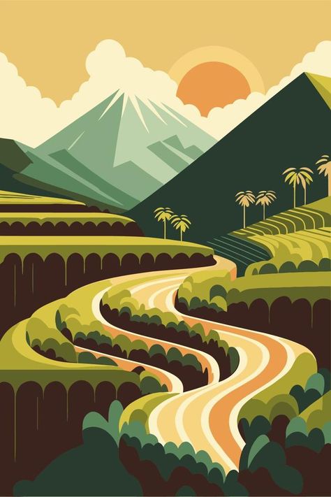 rice field terraces in mountains landscape poster vector flat color illustration background Poster Color Landscape, Vector Scenery Illustrations, Vector Poster Illustration, Nature Graphic Design Poster, Graphic Landscape Illustration, Poster Vector Design, Flat Illustration Landscape, Flat Design Illustration Landscape, Flat Illustration Poster