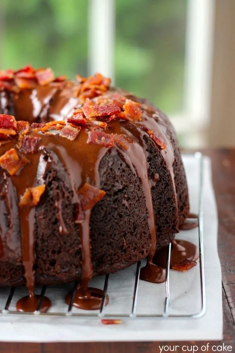 Chocolate Bacon Bundt Cake - Your Cup of Cake Bacon Chocolate Cake, Bacon Desserts, Bacon Cake, Devils Food Cake Mix Recipe, Chocolate Bacon, Chocolate Bundt Cake, Instant Pudding Mix, Sale Ideas, Pound Cakes