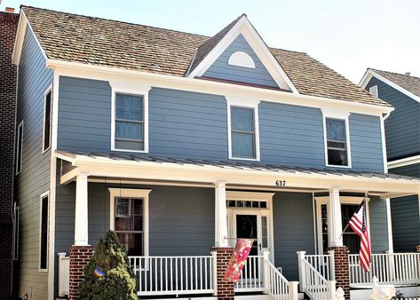 Hardie Siding | Boothbay Blue | Siding Contractor Gaithersburg, MD 20878 James Hardie Boothbay Blue, Hardie Board House, Masonite Siding, Porch Beams, White Window Trim, Hardie Board Siding, Siding Styles, Blue Siding, James Hardie Siding