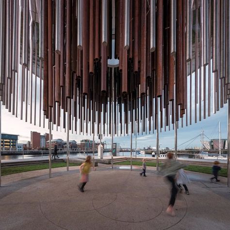 Mechanical musical instrument SoundYard stands on Belfast quayside Acoustic Barrier, Sonic Bloom, Studio Weave, Sound Sculpture, Music Museum, University Of Westminster, Urban Housing, Bamboo Structure, Sound Installation