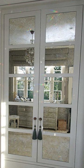 Doors With Mirrors Inset, Frosted French Doors Interior, Narrow French Doors Interior, Mirrored French Doors, Coats Closet, Condo Foyer, Closet French Doors, Glasses Door, Glass Wardrobe Doors