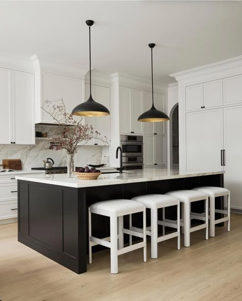 White Kitchens With Dark Islands, White Cabinet Black Island, Black And Off White Kitchen, Organic Modern Kitchen Decor, White Kitchen Dark Island, Black Island White Cabinets, White Cabinets Dark Island, Dark Kitchen Island, Transitional Modern Kitchen