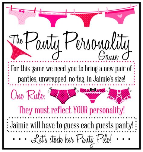 Panty personality game for lingerie shower! The Panty Game Free Printable, Bachelorette Lingerie Game, Lingerie Shower Themes, Classy Lingerie Shower, Lingerie Shower Decor, Lingerie Shower Ideas, Lingerie Party Ideas, Lingerie Party Decorations, Bridal Lingerie Party