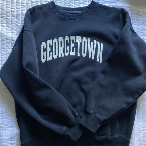 brandy melville georgetown crewneck hesitant on... - Depop Utah Outfits, Brandy Melville Sweater, Nyc Fits, Shoe Ideas, Blue Crewneck, School Looks, Fed Up, Causual Outfits, Cute Sweatshirts