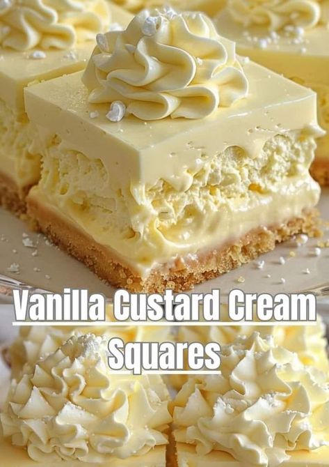 Easy Recipes Group | Vanilla Custard Cream Squares | Facebook Custard Cream Squares, Vanilla Custard Recipe, Custard Cream, Custard Desserts, Square Recipes, Custard Recipes, Elegant Desserts, Vanilla Custard, Chocolate Shavings