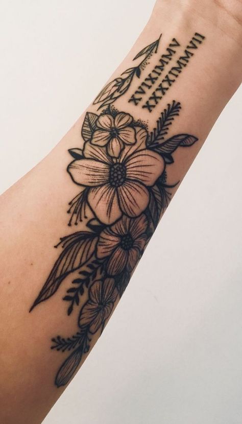 flowers-forearm-tattoo-roman-numeral-photos-white-background Forearm Tattoo Cover Up, Tattoo With Roman Numerals, Womens Forearm Tattoo, Tattoo Lower Back, Birthdate Tattoo, Forearm Cover Up Tattoos, Wrist Tattoo Cover Up, Roman Numeral Tattoo, Roman Numeral Tattoos