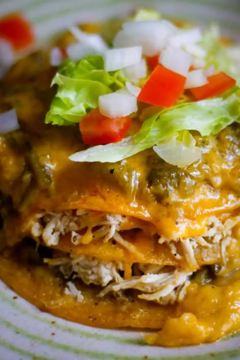 New Mexico Green Chile Stacked Chicken Enchilada Recipe - Explore Cook Eat Stacked Enchiladas, New Mexico Green Chile, Mexican Enchiladas, Green Chile Enchiladas, Green Chile Chicken Enchiladas, Green Chile Chicken, Teasing Brush, Enchilada Recipe, Course Ideas