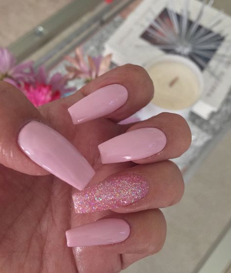 Pretty in pink.. Pink With One Glitter Nail, Pink Nails With One Glitter Nail, Pink Nails Gender Reveal, Cute Baby Pink Nails, Pink Sparkly Nails Coffin, White And Light Pink Nails, Prom Pink Nails, Pink Nails With Sparkle, Baby Pink And White Nails