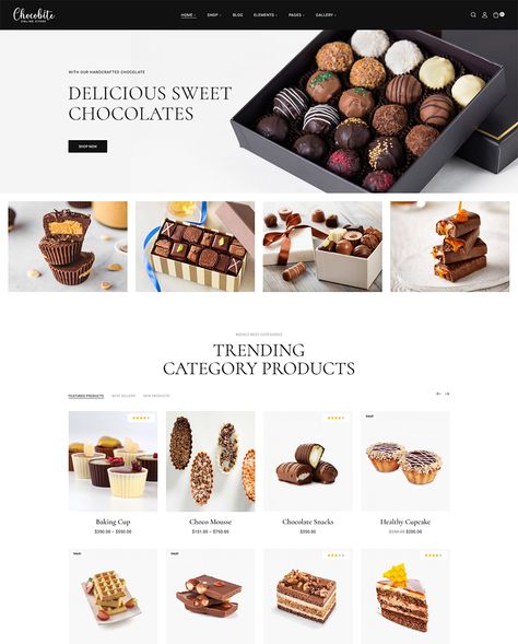 Chocobites - Chocolate, Sweets, Bakery, and Cake Elementor Woocommerce Website Template WooCommerce Theme Chocolate Website Design, Bakery Website Design, Chocolate Website, Bakery Website, Web Illustration, Hero Image, Mega Menu, Feed Ig, Chocolate Sweets