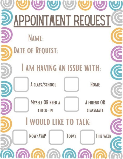 Are you a busy school social worker, counselor or therapist? Use this appointment form to have your student's fill out when they need to be seen by you! This is a handmade digital download PDF for educational/professional use ONLY. Please do not share my work with others. This download is in the form of a PDF so it is easy to print for us. Feel free to message with any questions! High School Social Work Office, School Social Work Office, School Counselor Forms, School Social Worker Office, Counselors Office, Social Work Offices, Social Workers Office, Psychologist Office, Counseling Office Decor