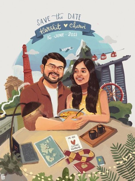 Save The Date Posters, Save The Date Illustrations, Cartoon Wedding Invitations, Wedding Illustration Card, Caricature Wedding Invitations, Couple Illustration Wedding, Professional Illustration, Wedding Card Design Indian, Indian Wedding Invitation Card Design