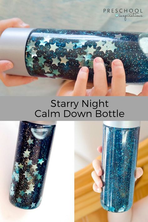 With only 3 ingredients, this is the easiest sensory bottle you'll ever make! Great for a space theme, galaxy theme, or anytime someone needs a sensory break. Calm down jars are a wonderful tool for self-regulation in preschoolers, kindergarteners, and older kids too! #preschool #sensory #sensorybottle #galaxy Day And Night Sensory Bottles, Outer Space Sensory Bottles, Star Sensory Bottle, Starry Night Craft Preschool, Galaxy Glitter Jar, Glitter Bottles For Kids, Creation Sensory Bottles, Preschool Solar System Crafts, Space Theme Arts And Crafts