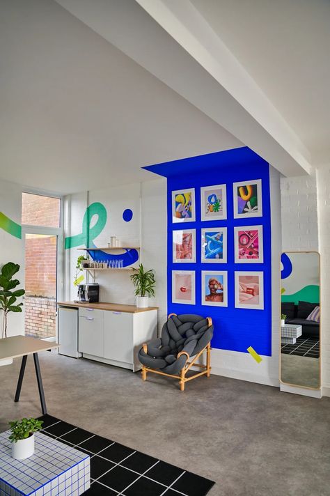 Electric Blue Interior Design, Paint Zoning, Electric Maximalist Bedroom, Electric Blue Wall, Yves Klein Blue Interior, Klein Blue Interior, Bright Colour Bedroom, Cobalt Blue Living Room, Home Office Colours