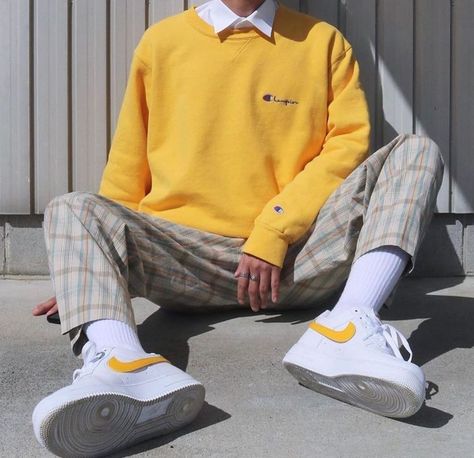 Purple Male Outfit, Yellow Outfit Men, Granddaddy Purple, Soft Boy Outfits, Agent Orange, Mens Trendy Outfits, Soft Boy, Yellow Sweatshirt, Mens Outfit Inspiration