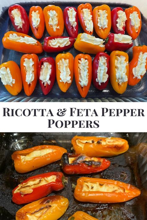 A scoop of fresh ricotta with crumbled feta and lemon juice combine for a rich and tangy foil to these mini sweet peppers. Roast until the cheese begins to brown for a perfect side dish or vegetarian meal! Ricotta Feta Pepper Poppers. 🌶

#pepperpoppers #stuffedpeppers #minipeppers #stuffedminipeppers #stuffedpepperpoppers #stuffedbellpeppers #ricottastuffedpeppers #fetastuffedpeppers #ricottaandfeta #cheesestuffedpeppers #vegetarian #vegetariansides #vegetarianrecipes #atxblogger #peppers Feta Stuffed Peppers, Pepper Poppers, Fresh Ricotta, Mini Sweet Peppers, Ricotta Recipes, Homemade Lasagna, Stuffed Mini Peppers, Lake Food Ideas Summer, Food Ideas Summer