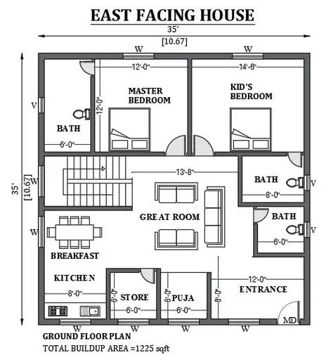 35'x35' East facing house plan as per Vastu shastra is given in this FREE 2D Autocad drawing file. The total built-up area of the plan is 1225sqft.download this 2D Autocad drawing file. 2d Plane House, Autocad 2d Plans House, 2d Autocad Plan, 35×40 House Plan East Facing, 30×35 House Plan East Facing, Autocad Floor Plans, House Plan Drawing Architecture, 2d Home Plan, Civil Plan Drawing