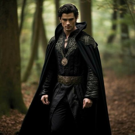 Black Royal Clothes Men, Black King Outfit Royal, Dark King Costume, Dark Fae Costume Men, Wizard Aesthetic Fashion Male, Dark King Outfit, Male Witch Aesthetic Fashion, Dark Prince Outfit, Medieval Prince Outfit