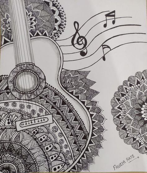 Mandala Art Music Art Drawing, Beautiful Mandala Art, Color Wheel Art Projects, Guitar Drawing, Abstract Pencil Drawings, Mandala Art Therapy, Beautiful Mandala, Music Drawings, Pen Art Drawings