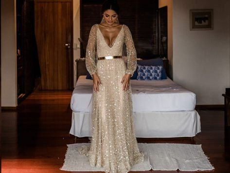 Bride Wore a Sparkly Gold Wedding Dress With a Plunging Neckline Gold Wedding Gowns, Sparkly Gown, One Day Bridal, Exclusive Gowns, Unconventional Wedding Dress, Gold Wedding Dress, Wedding Dress Store, Prom Dresses With Pockets, Sparkly Wedding