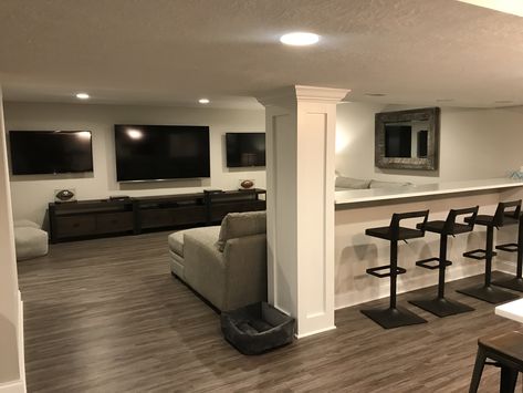 Basement Set Up Ideas Layout, Small Bar In Basement, Basement Set Up Ideas, Basement Pillar Ideas, Basement Couch Ideas, Basement Furniture Layout, Basement Furniture Ideas, Basement Living Room Ideas, Small Finished Basements