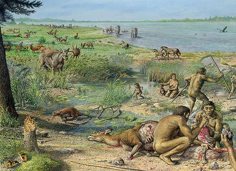 About 10,000 years ago, the climate began to warm up, resulting in the extinction of many of the large animals (megafauna) of the Quaternary Period.   Only a few smaller representatives of the megafauna remain, such as African elephants, rhinoceroses, and hippopotamuses. Scientists are skeptical as to whether the warming climate is to blame for the extinction at the end of the last ice age or the fact that modern humans were beginning to rapidly spread around the globe and hunt these animals. Ice Age Village, Dinosaur History, Evolutionary Psychology, History Of Earth, Prehistoric Man, Early Humans, Human Evolution, Prehistoric World, Frank Frazetta