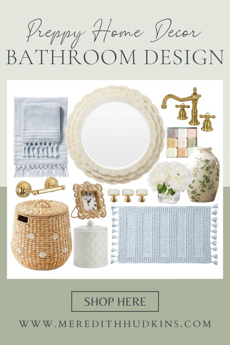 Grand Millennial Bathroom Decor, Southern Style Bathroom, Blue Accent Bathroom Ideas, Grandmillenial Bathrooms, Blue And Gold Bathroom Decor, Grand Millennial Bathroom, Serena And Lily Bathroom, Grandmillenial Bathroom, Guest Bathroom Mirror