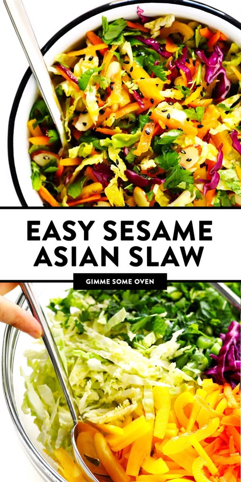 This easy Sesame Asian Slaw recipe is quick and easy to make, tossed with the yummiest sesame vinaigrette, and can easily double as a side salad or big entree salad. Feel free to add in a cooked protein (such as chicken, steak, shrimp or tofu) and an avocado to really kick this slaw up a notch! | gimmesomeoven.com #asian #salad #slaw #side #healthy #glutenfree #vegetarian #vegan #makeahead #mealprep #dinner Easy Asian Salad, Sesame Slaw, Sesame Vinaigrette, Asian Slaw Recipe, Quick Salad Recipes, Asian Salad Recipe, Side Salad Recipes, Asian Slaw, Slaw Recipe