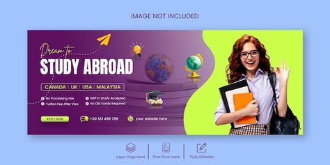 Study abroad education facebook cover an... | Premium Psd #Freepik #psd #education #teacher #facebook-cover #banner-design School Cover Photo, Education Banner Design, Educational Banner, Chaturthi Decoration, Education Posters, School Post, About Study, Facebook Background, Cover Photo Design