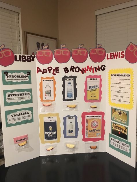 Apple Browning science project poster presentation. Kindergarten Science Fair Projects, 6th Grade Science Projects, Kindergarten Science Projects, 4th Grade Science Projects, Science Project Board, Apple Science Experiments, Easy Science Fair Projects, Kids Science Fair Projects, Elementary Science Fair Projects