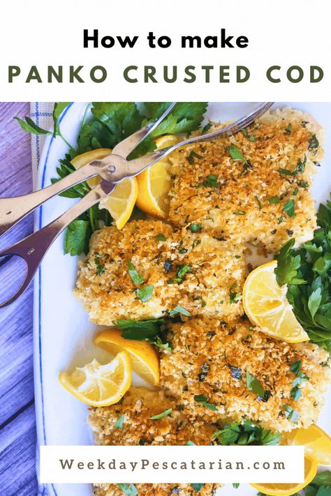 The perfect baked (not fried!) panko cod fillets recipe with lemon, dijon and fresh herbs. So simple to bake in the oven and the whole family will love it. Can be made using fresh cod or frozen and thawed fillets. Pin this one to your favorite board today! Recipes Using Cod Fillets, How To Fix Cod Fillets, Frozen Cod Fillets Recipes, Panko Cod, Sauce For Salmon Patties, Frozen Fish Recipes, Baked Cod Fillets, Panko Crusted Cod, Cod Fillet Recipes