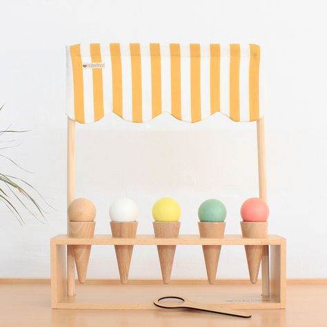 Nobodinoz - Wooden Ice Cream Corner Toy - Wood/Pink/Yellow Ice Cream Games, Ice Cream Stand, Ice Cream Scooper, Ice Cream Set, Handmade Wooden Toys, Plan Toys, Ice Cream Parlor, Wooden Stand, Kids Playroom