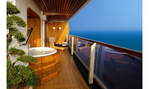 A far cry from cramped cabins, these sleek and stately rooms offer tons of space, impressive amenities—in-room spas, personal butlers and grand pianos, to name a few—all with world-class ocean views. Pictured: HOLLAND AMERICA LINE. Retreat to the spacious veranda and take a dip in a private hot tub overlooking the ocean. Cruise Ships Interior, Cruise Honeymoon, Top Cruise, Best Cruise Ships, Luxury Cruise Ship, Holland America Line, Holland America, Disney Fantasy, Best Cruise