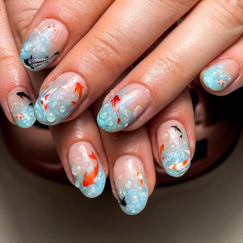 🌊✨ koi fish for a japan trip ✨🌊 these nails may or may not violate workplace policy but there’s ONLY ONE WAY TO FIND OUT 🫶🫶🫶 (service: gel-x refill + level 3 art) . . . . . . #brisbanenails #brisbanenailtech #gelx #trendingnails #fyp #viral #nailart #nailartist #trendingnailart #pinterestnails #explorepage #reels #explore #handpaintednailart #japannails #japannailart #japanesenailart #oceannails Japan Nails Design Tokyo, Japan Inspired Nails, Koi Fish Nail Art, Koi Fish Nails, Fish Nail Art, Japan Nails, Japan Nail Art, Fish Nails, Nails May