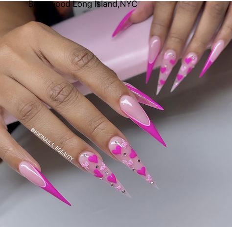 Light Pink And Hot Pink Nails, Hot Pink Bling Nails, Pink Manicure Ideas, Stiletto Nails Pink, Nails Cute Pink, Nails Pink Coffin, Nails Pink Ombre, Pink Matte Nails, Pink Marble Nails