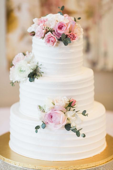 This wedding had so many beautiful details, and I'm so glad I could be there to capture them all! The bride and groom were absolutely stunning together and you can tell in the photos how much they love each other. I love the pink and white flowers in her bouquet and in the rest of the décor! This wedding was simply gorgeous! #weddingphotography #weddingcake #weddingdecor #weddingflowers #groomstyle #straplessweddingdress #bridalphotographs #california #weddingbouquet Wedding Cake Fresh Flowers, Fresh Flower Cake, Garden Cakes, Cake Server Sets, Classic Wedding Cake, White Bridesmaid, Floral Wedding Cakes, Pink Wedding Cake, Romantic Wedding Cake