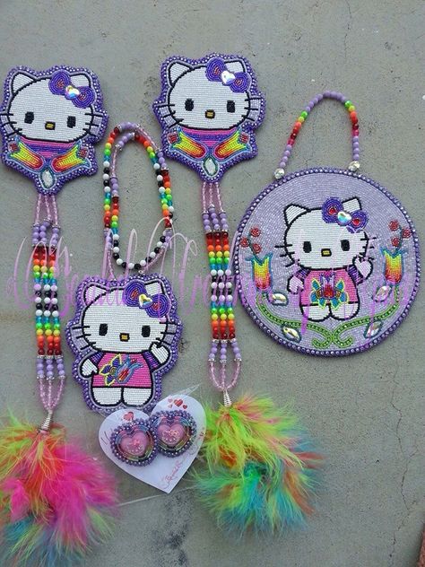 Hello kitty dance set Beadwork Projects, Beaded Figures, Powwow Beadwork, Indigenous Beadwork, Hello Kitty Pfp, Jingle Dress, Kitty Pfp, Indian Beadwork, Native American Beadwork Patterns