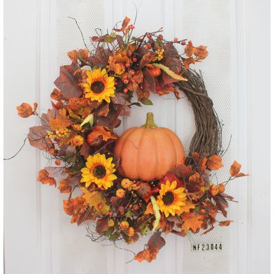 pumpkin with sunflower wreath The Holiday Aisle® | The Holiday Aisle® Faux 24" Wreath 24.0 H x 24.0 W x 5.0 D in Orange | 24" H X 24" W X 5" D | Wayfair Fall Sunflower Wreath, Pumpkin Wire Wreath, Pumpkins Wreaths, Candlestick Arrangements, Fall Wreaths For Front Door, Fall Crafting, Fall Grapevine Wreaths, Autumn Wreaths For Front Door, Fall Flower Arrangements