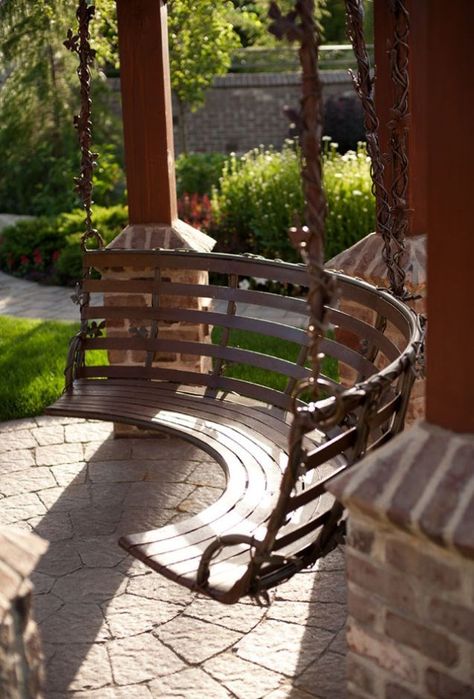 Curved porch swing!  Great for conversations and curved porches/patios. Backyard Swings, Hanging Furniture, Stone Patio, Wooden Swing, Swing Dancing, Garden Swing, Diy Fire Pit, Small Pool, Pool Design