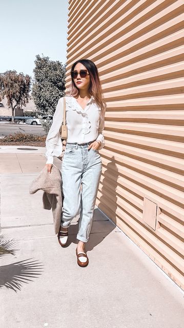 Sezane Andre Loafers, Sezane Chloe Shirt, Loafers Outfit, Parisian Vibes, Embroidered Collars, Adore Me, Fashion Styling, Parisian Chic, Long Sleeve Cardigan