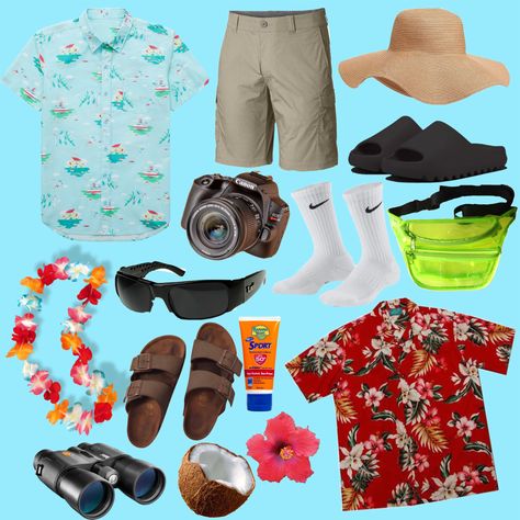 #preppy #preppyaesthetic #tourist #costumes #highschool #outfitideas Tourist Aesthetic Outfit, Tack Tourist Outfit Spirit Week, Hawaii Tourist Outfit, Tourist Theme Outfit, Tourist Day Outfits, Hawaiian Tourist Costume, Tourist Day Spirit Week, Hawaii Outfits Spirit Week, Tacky Tourist Outfit Spirit Weeks