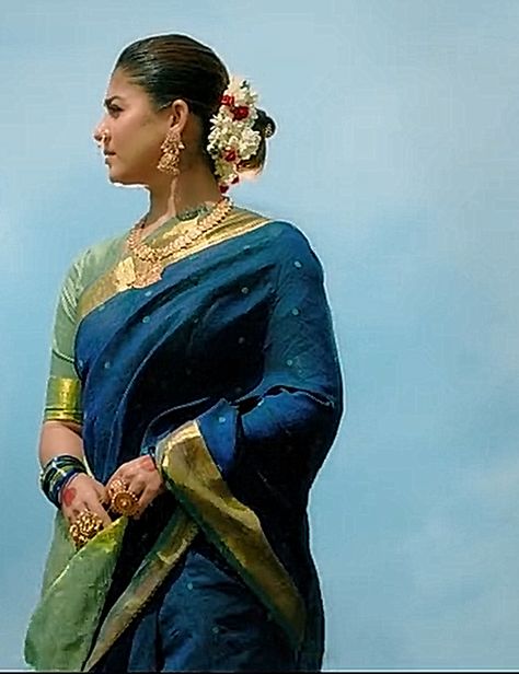 Nayanthara Mookuthi Amman 2020 (Blue and Pastel Green Silk Saree) Nayanthara Mookuthi Amman, Pastel Green Silk Saree, Mookuthi Amman, Nayanthara In Saree, Green Silk Saree, Nayanthara Hairstyle, Unique Sarees, Priya Bhavani Shankar, South Indian Bride Saree