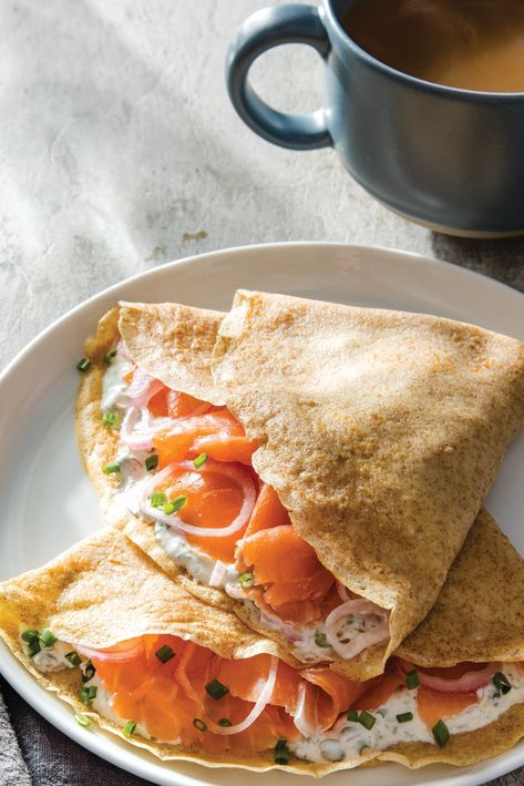 Loaded Bagel, Salmon Crepes, Homemade Brunch, Fancy Brunch, Pickled Shallots, Salmon Bagel, Brunch Inspiration, America's Test Kitchen Recipes, Big Breakfast