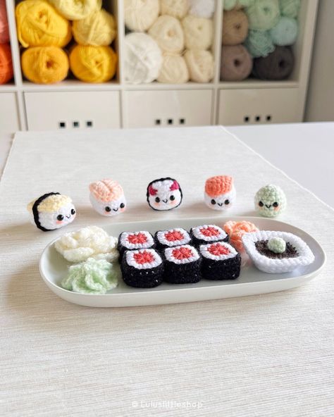 NEW Crochet Pattern Bundle: Sushi Party - by Luluslittleshop Crochet Sushi Pattern Free, Sushi Craft, Sushi Crochet, Crochet Sushi, Sushi Party, Crochet Food, Kawaii Crochet, Fun Crochet Projects, Quick Crochet