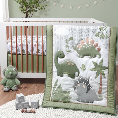 PRICES MAY VARY. This nursery bedding set includes a stylish trio of must haves that includes a coordinating fitted crib sheet, baby comforter and crib skirt to start building your dream baby’s room The reversible crib comforter is generously sized at 32" x 41" and features three green dinosaur friends in a lush jurassic landscape. The reverse side coordinates perfectly with the crib sheet. The fitted crib sheet is designed for a standard 28” x 52” crib mattress with snug fitting all around elas Dinosaur Crib Bedding, Yellow Dinosaur, Bathing Products, Bedding Blue, Dinosaur Nursery Decor, Crib Comforter, Boy Nursery Themes, Crib Bed, Girl Bedding