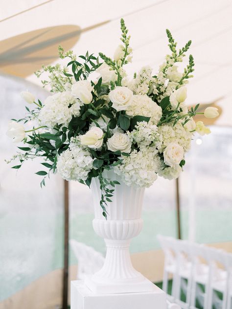 White And Gold Winter Wedding, Wedding Aisle Decorations Outdoor, Winter Ceremony, Gold Winter Wedding, Sperry Tent, Urn Arrangements, Outdoor Winter Wedding, White Urn, Ceremony Arrangement