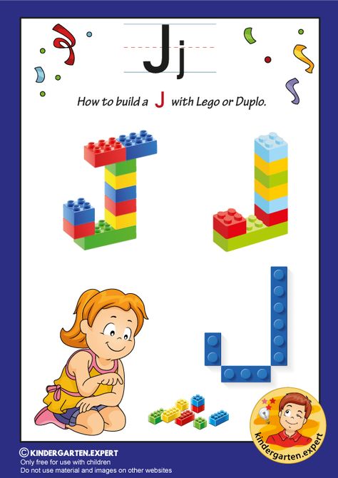 How to build a J with Lego or Duplo, kindergarten expert, free printable Thema Letters, Lego Letters, Alphabet Activities Kindergarten, Alphabet Kindergarten, Lego Activities, Preschool Activities Toddler, Alphabet Crafts, Alphabet Activities Preschool, Preschool Letters