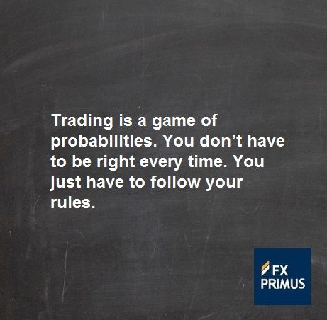 Trading is a game of probabilities. You don't have to be right every time. You just have to follow your rules. #FXPRIMUS #quote #Forex #trading #money #currency Stock Market Quotes, Forex Training, Forex System, Trading Quotes, Forex Market, Trading Charts, Forex Signals, Day Trading, Marketing Quotes