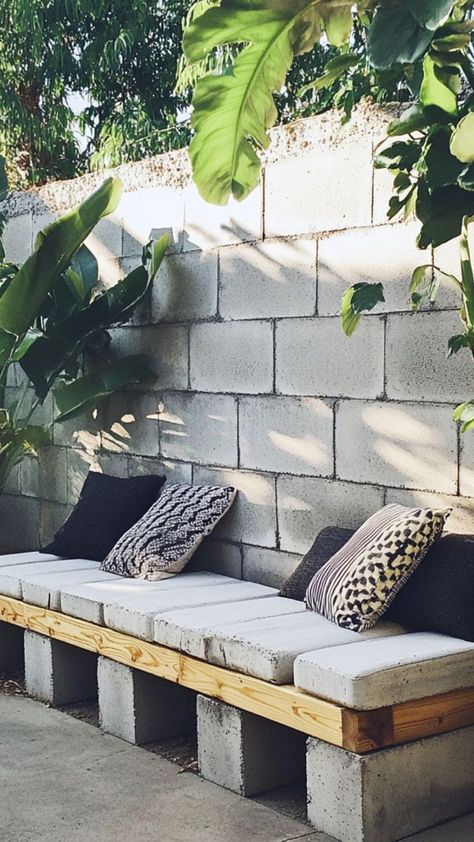 Create a sturdy, modern cinder block bench for your patio with this easy DIY project! Ideal for outdoor seating, this bench uses affordable materials like cinder blocks and wood planks to create a stylish, industrial-inspired look. Perfect for adding functional seating to your backyard, garden, or patio area. 🛠🌿 #DIYCinderBlockBench #OutdoorSeating #PatioFurniture #IndustrialDecor Cinder Block Patio, Cinder Block Diy, Diy Cinder Block Bench, Simple Outdoor Seating, Cinder Blocks Diy, Cinder Block Furniture, Cinder Block Bench, Block Bench, Diy Home Improvements